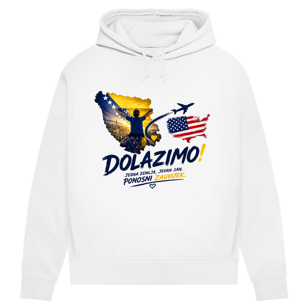 Ženska Premium Organska Majica s kapuljačom – Dolazi Bosna Ponosna | Print na prednjoj strani