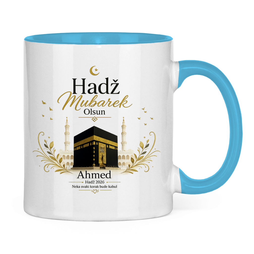 Prilagodljiva šolja „Hadž Mubarek Olsun“ – Islamska keramička šolja s imenom i slikom Kabe