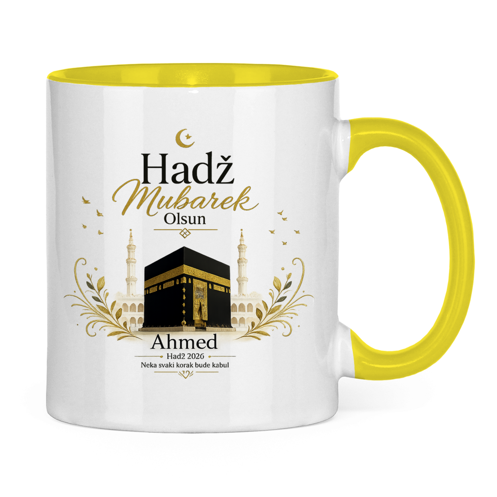 Prilagodljiva šolja „Hadž Mubarek Olsun“ – Islamska keramička šolja s imenom i slikom Kabe