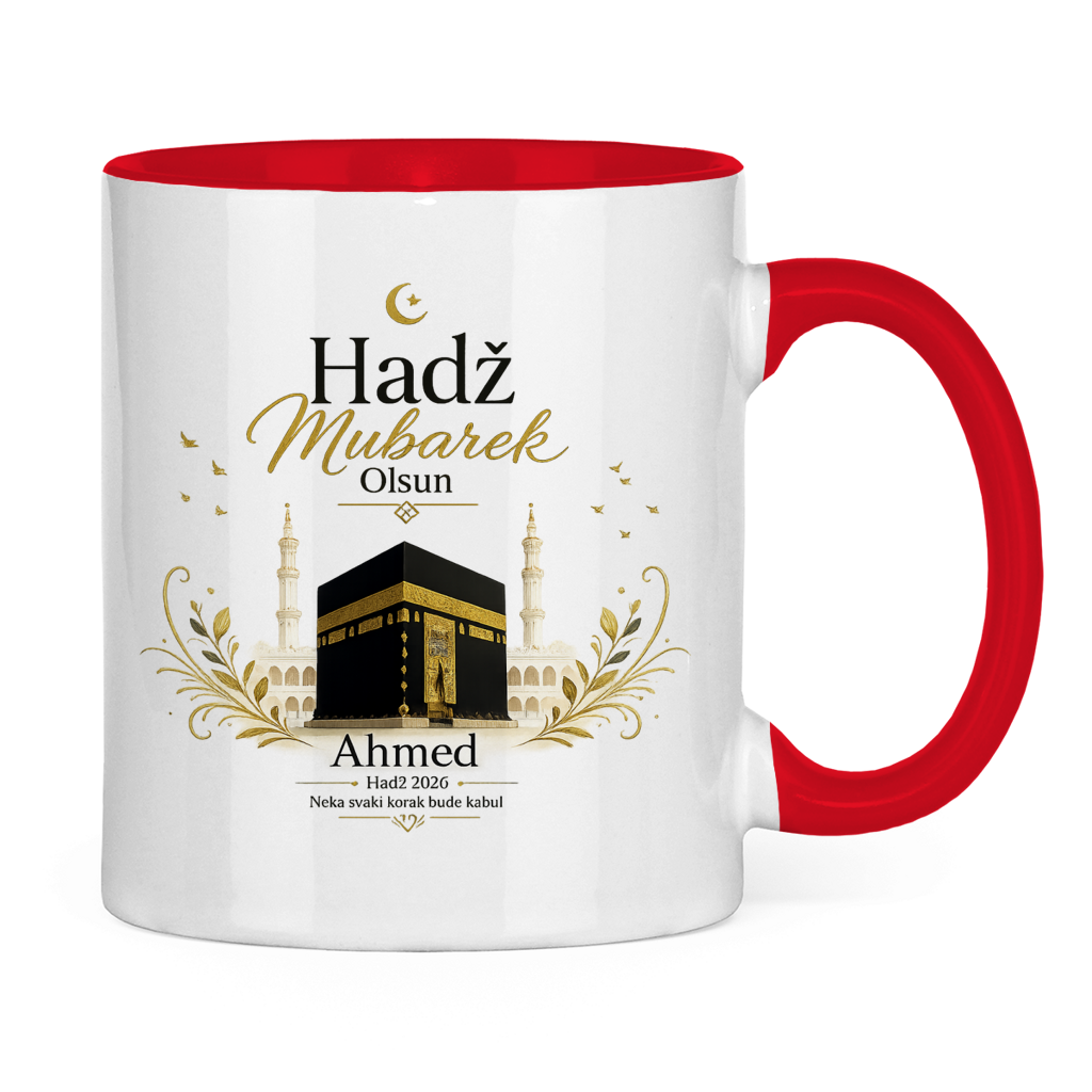 Prilagodljiva šolja „Hadž Mubarek Olsun“ – Islamska keramička šolja s imenom i slikom Kabe