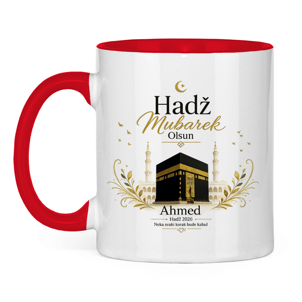 Prilagodljiva šolja „Hadž Mubarek Olsun“ – Islamska keramička šolja s imenom i slikom Kabe