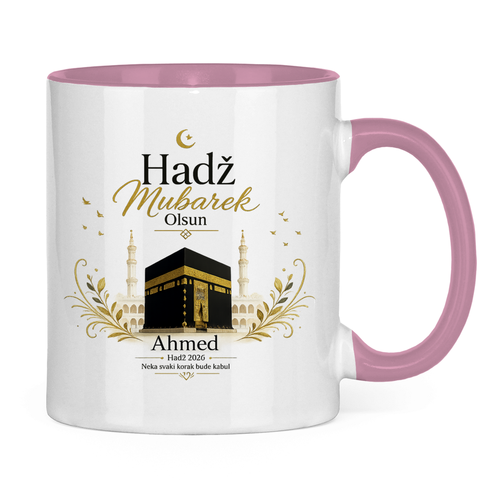 Prilagodljiva šolja „Hadž Mubarek Olsun“ – Islamska keramička šolja s imenom i slikom Kabe