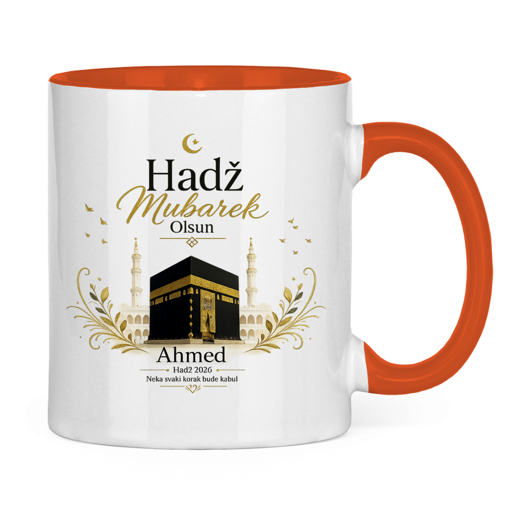 Prilagodljiva šolja „Hadž Mubarek Olsun“ – Islamska keramička šolja s imenom i slikom Kabe