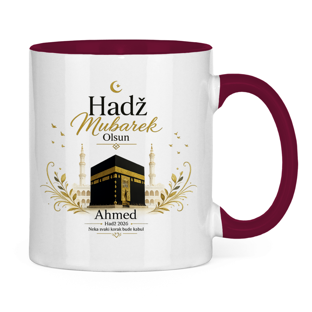 Prilagodljiva šolja „Hadž Mubarek Olsun“ – Islamska keramička šolja s imenom i slikom Kabe