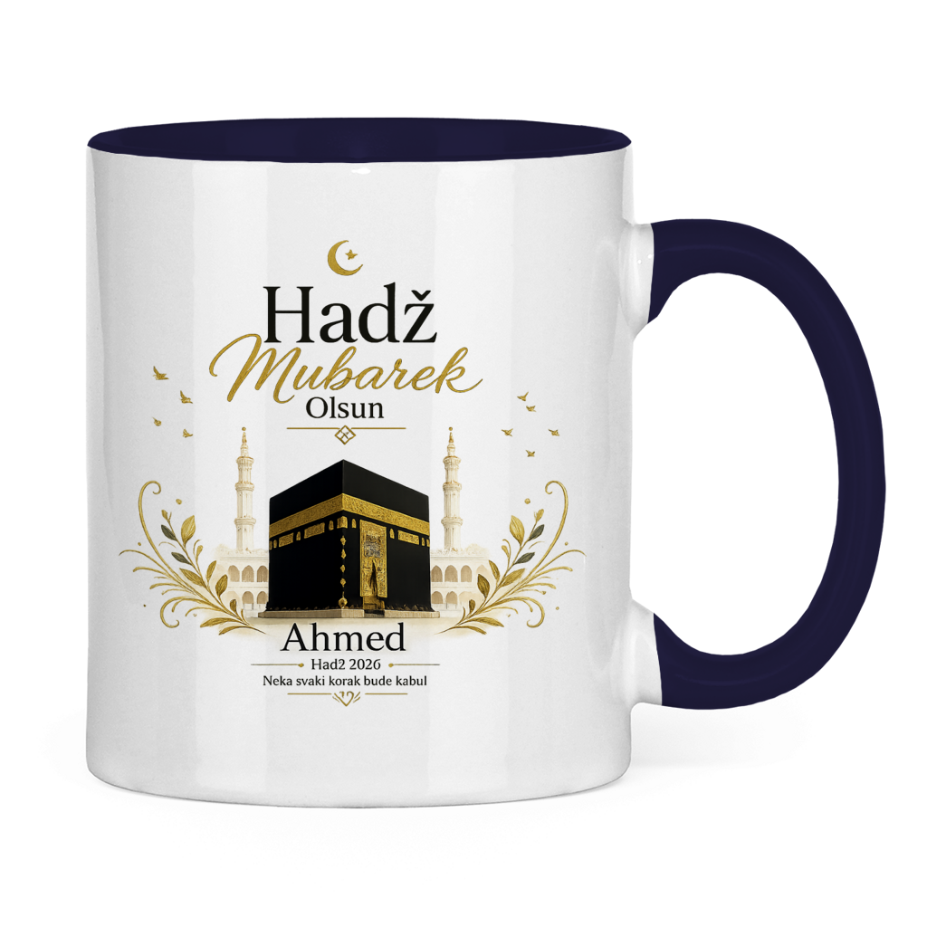 Prilagodljiva šolja „Hadž Mubarek Olsun“ – Islamska keramička šolja s imenom i slikom Kabe