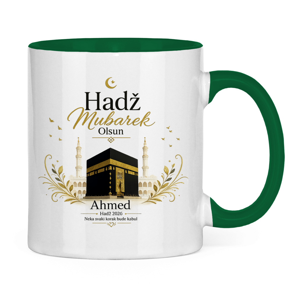 Prilagodljiva šolja „Hadž Mubarek Olsun“ – Islamska keramička šolja s imenom i slikom Kabe