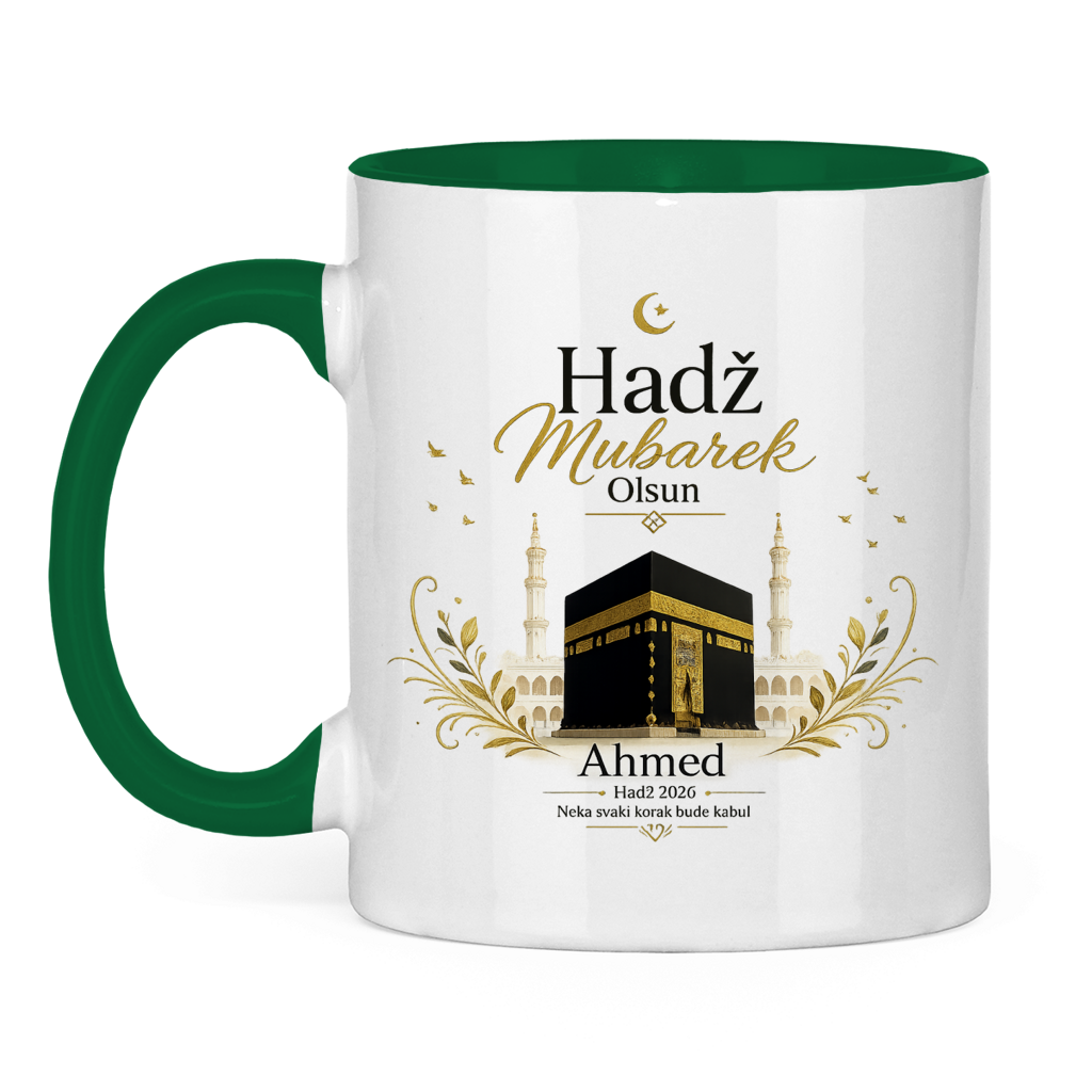 Prilagodljiva šolja „Hadž Mubarek Olsun“ – Islamska keramička šolja s imenom i slikom Kabe