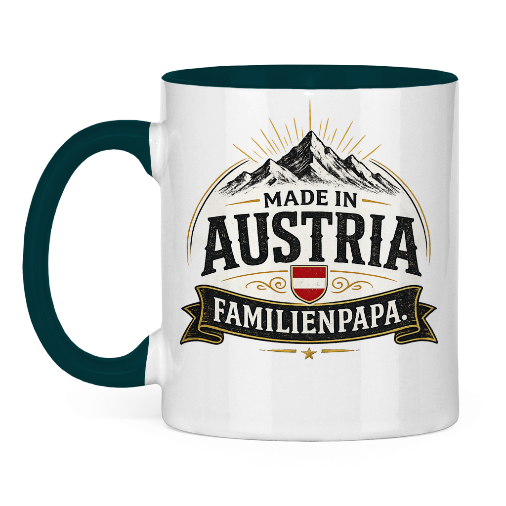 Dvobojna šolja "Made in Austria – Porodični Tata" | Smiješan poklon za Očev dan