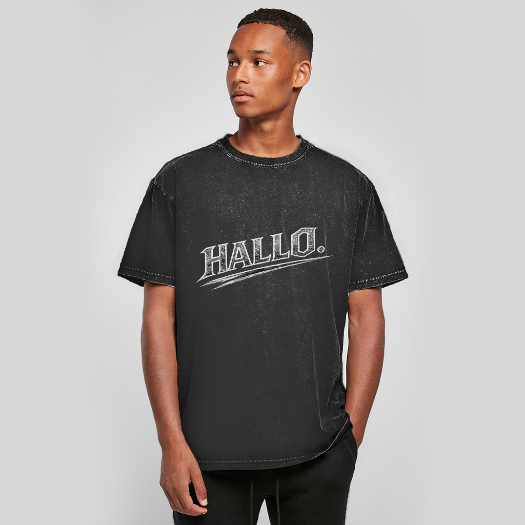 Oversize oprana majica „Hallo“ – austrijska Acid Wash Streetwear majica