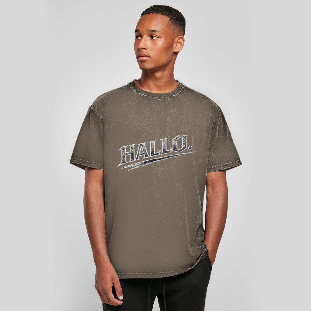 Oversize oprana majica „Hallo“ – austrijska Acid Wash Streetwear majica