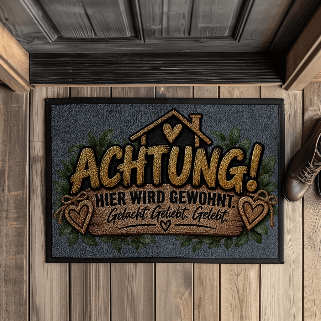 Fußmatte „Achtung! Hier wird gewohnt“ mit Gummirand