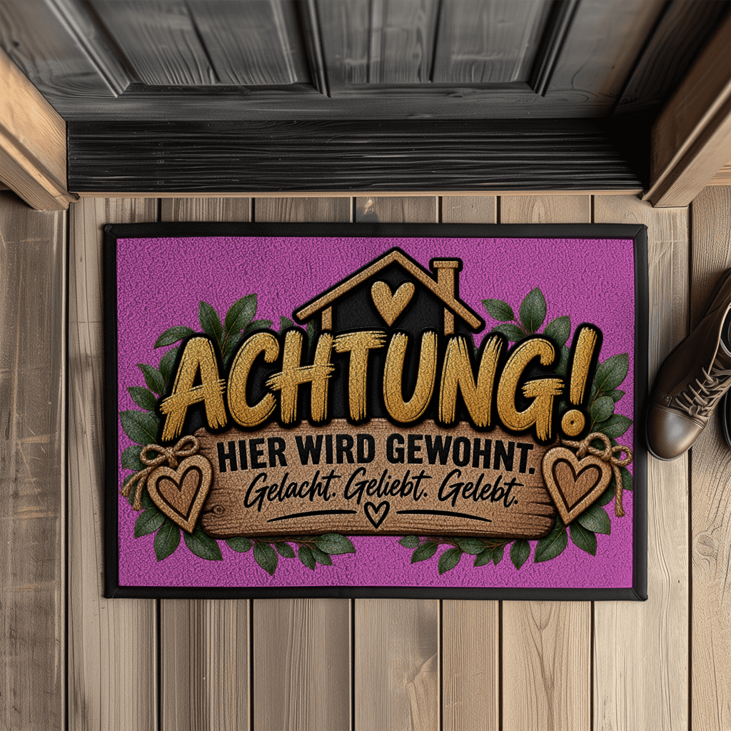Fußmatte „Achtung! Hier wird gewohnt“ mit Gummirand