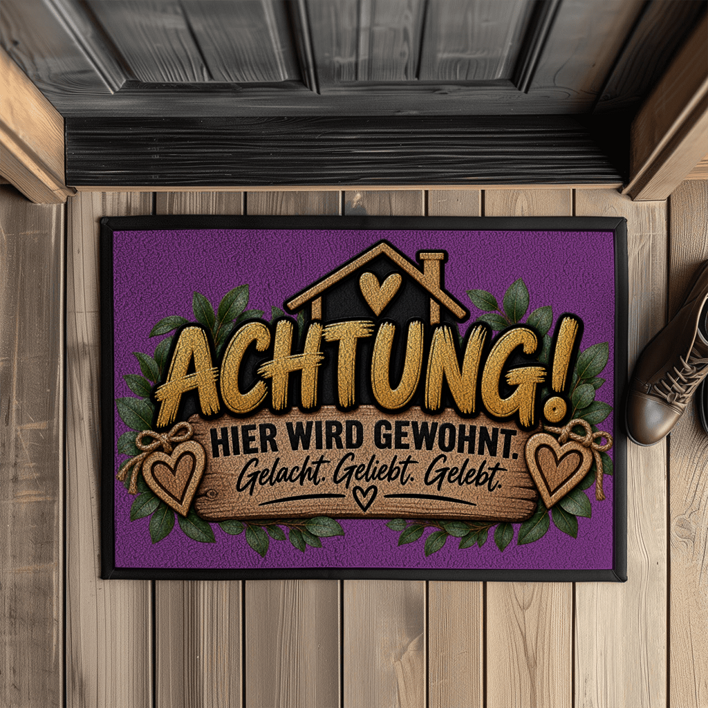 Fußmatte „Achtung! Hier wird gewohnt“ mit Gummirand
