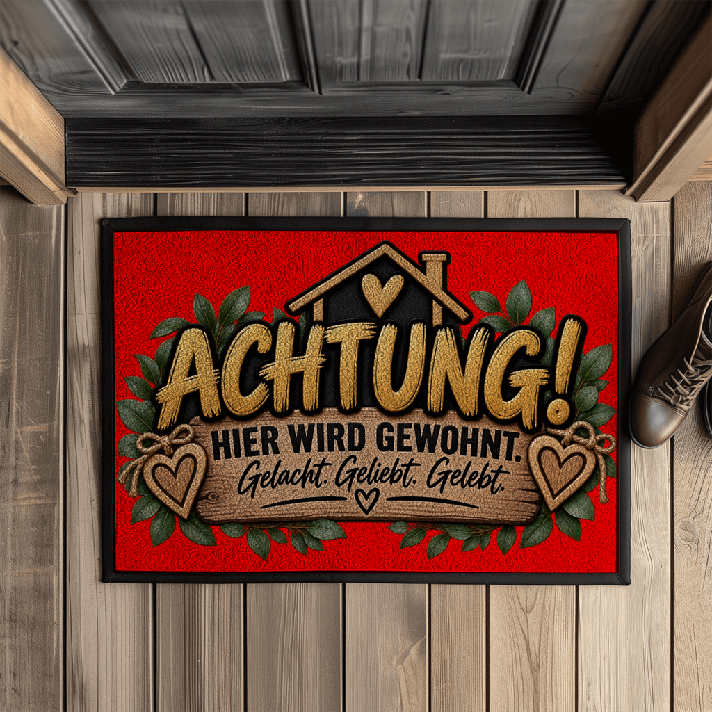Fußmatte „Achtung! Hier wird gewohnt“ mit Gummirand