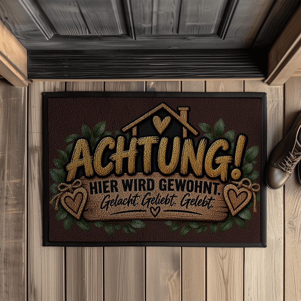 Fußmatte „Achtung! Hier wird gewohnt“ mit Gummirand