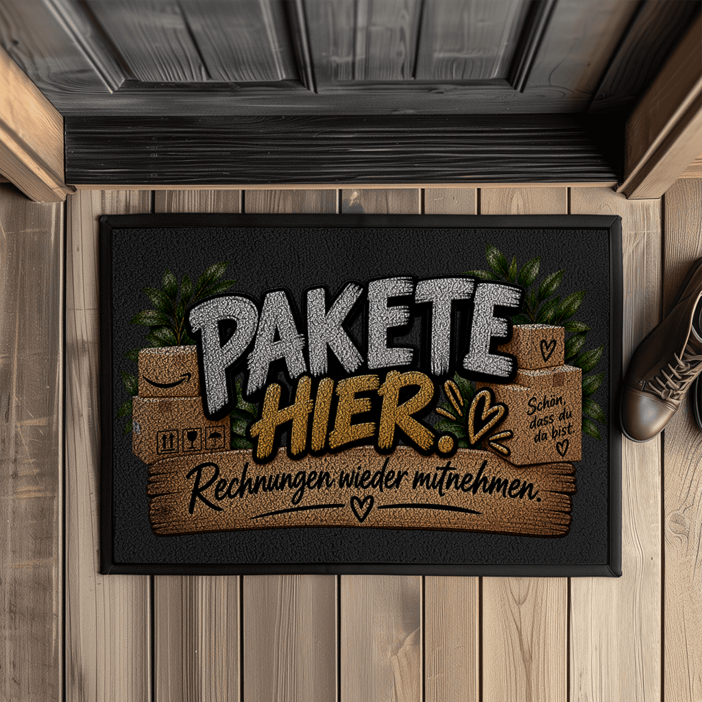 Fußmatte „Pakete hier – Rechnungen wieder mitnehmen“ mit Gummirand