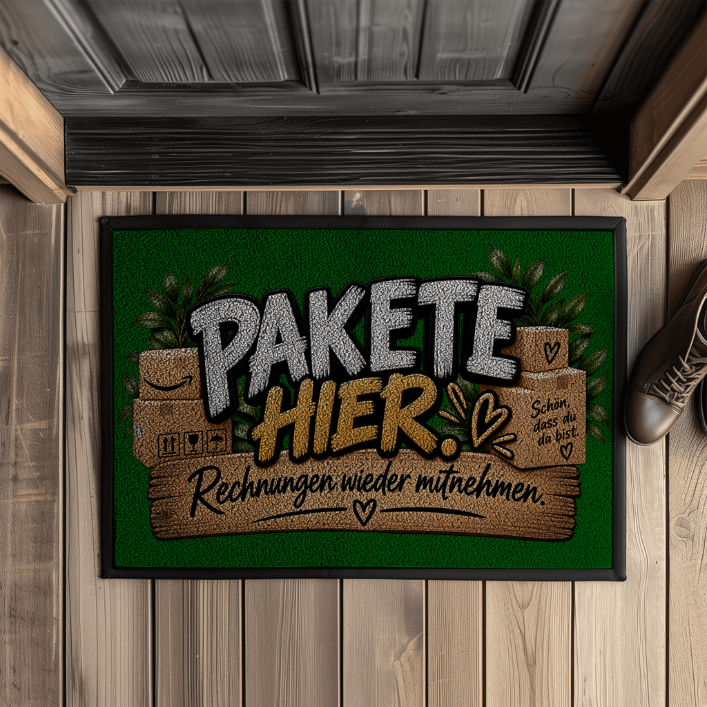 Fußmatte „Pakete hier – Rechnungen wieder mitnehmen“ mit Gummirand