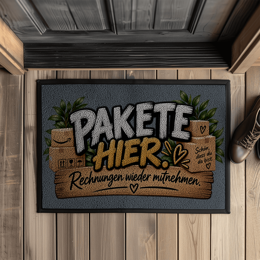 Fußmatte „Pakete hier – Rechnungen wieder mitnehmen“ mit Gummirand