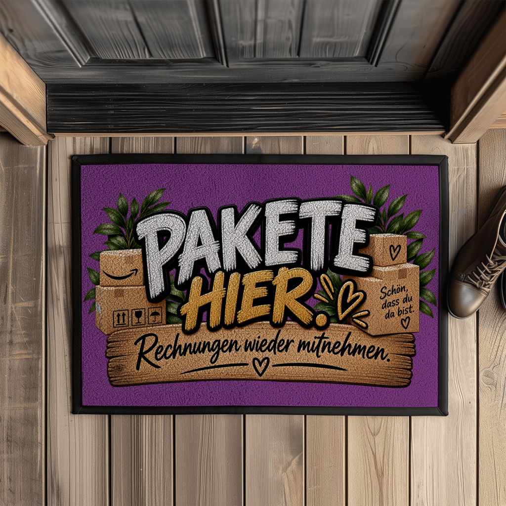 Fußmatte „Pakete hier – Rechnungen wieder mitnehmen“ mit Gummirand