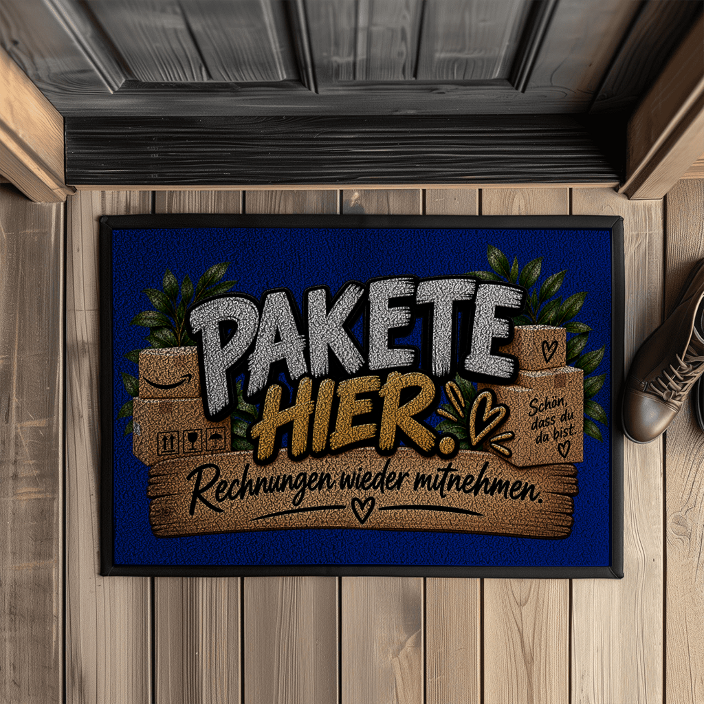 Fußmatte „Pakete hier – Rechnungen wieder mitnehmen“ mit Gummirand