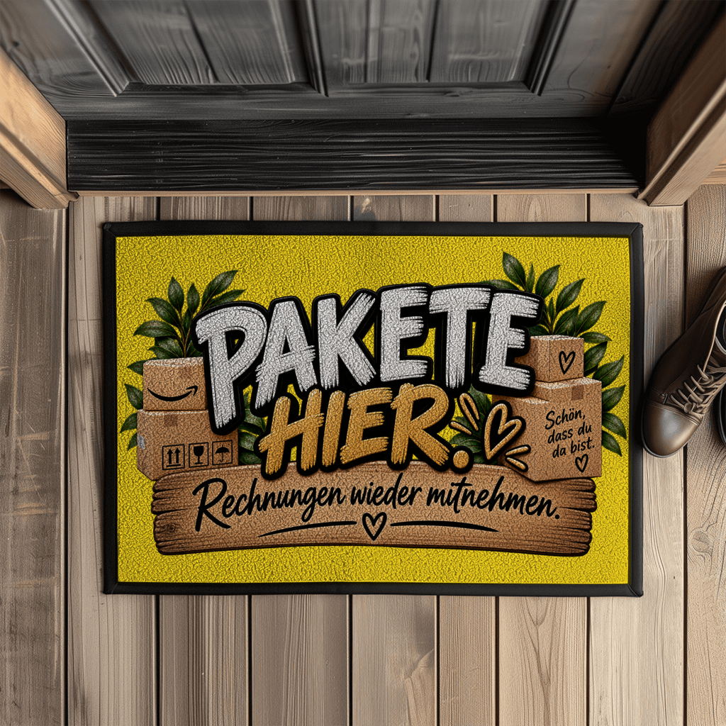Fußmatte „Pakete hier – Rechnungen wieder mitnehmen“ mit Gummirand