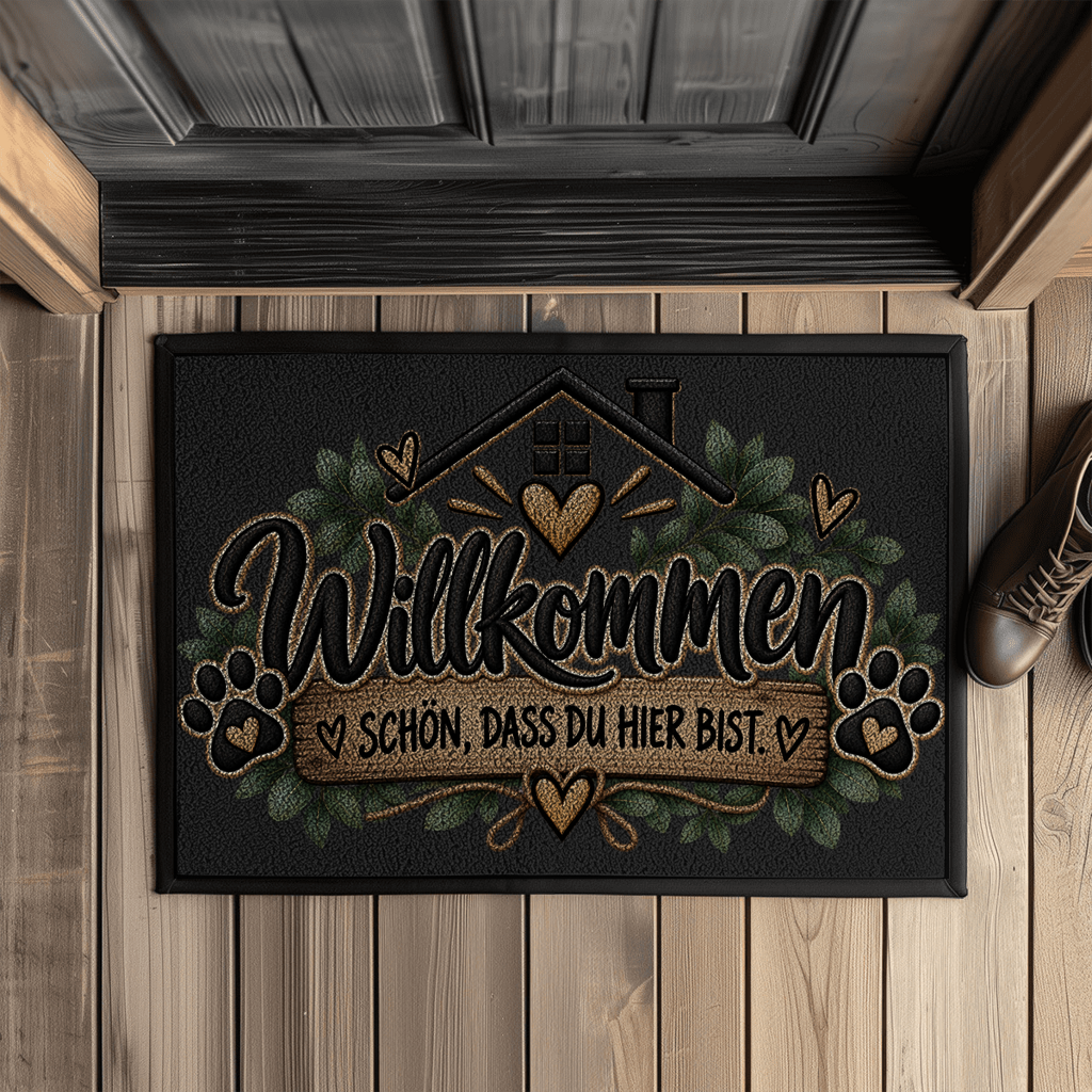 Fußmatte „Willkommen – Schön, dass du hier bist“ mit Pfoten & Gummirand
