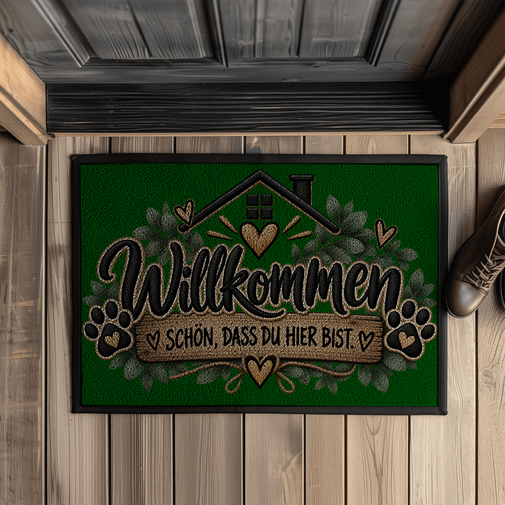 Fußmatte „Willkommen – Schön, dass du hier bist“ mit Pfoten & Gummirand