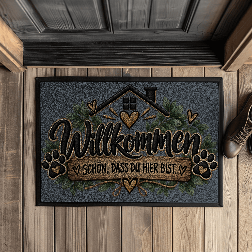 Fußmatte „Willkommen – Schön, dass du hier bist“ mit Pfoten & Gummirand