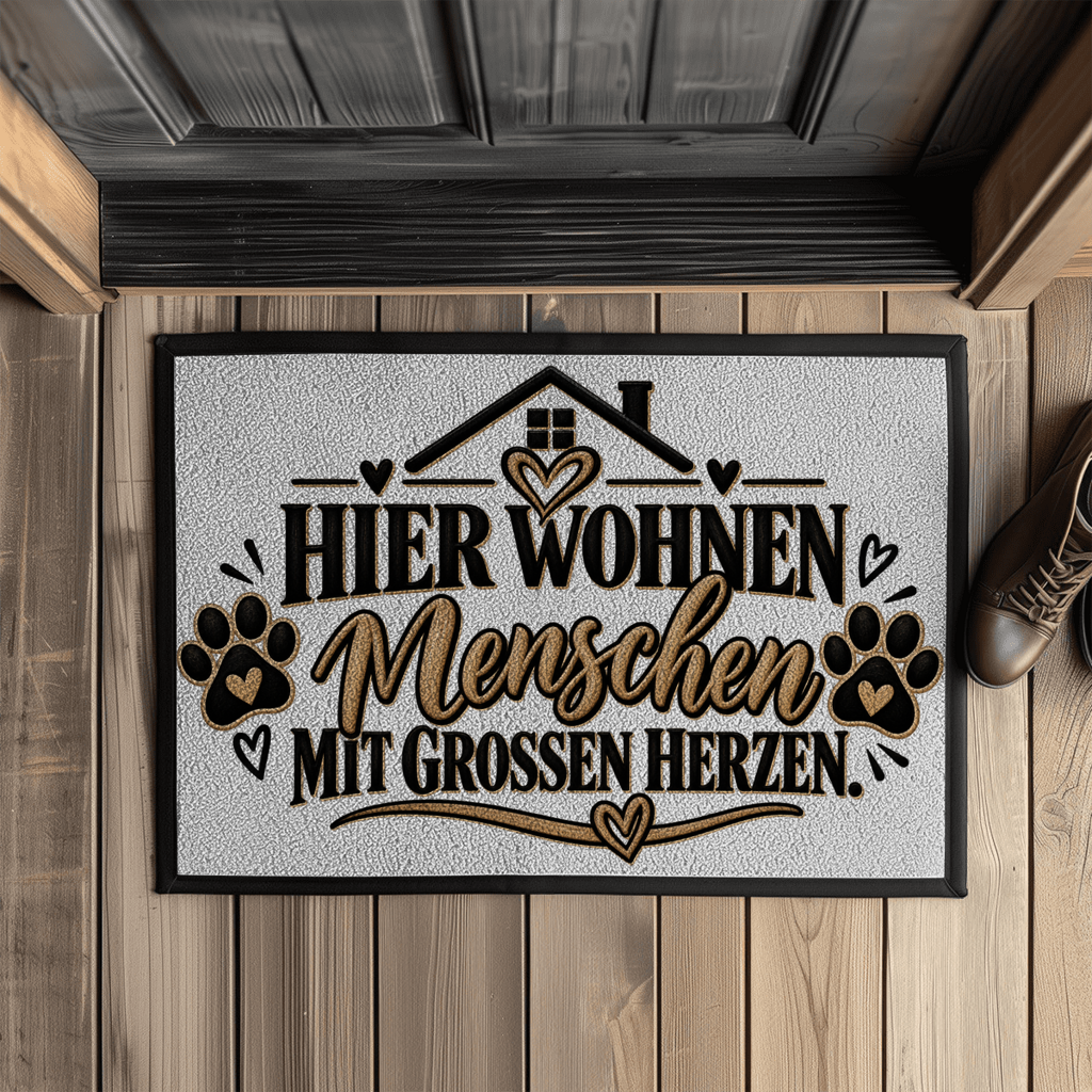 Fußmatte „Hier wohnen Menschen mit großen Herzen“ mit Pfoten