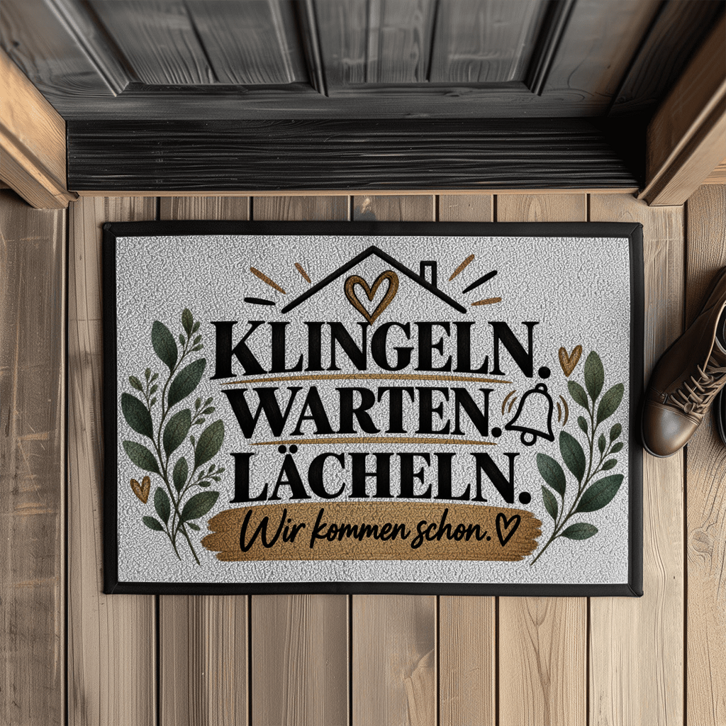 Fußmatte „Klingeln. Warten. Lächeln. Wir kommen schon.“ mit Gummirand