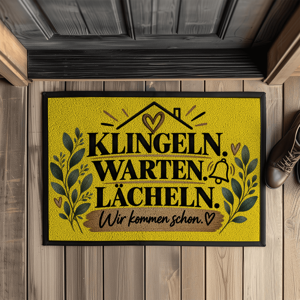 Fußmatte „Klingeln. Warten. Lächeln. Wir kommen schon.“ mit Gummirand