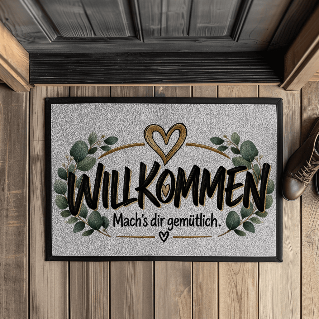 Fußmatte „Willkommen – Mach’s dir gemütlich“ mit Gummirand