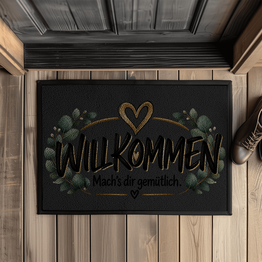 Fußmatte „Willkommen – Mach’s dir gemütlich“ mit Gummirand