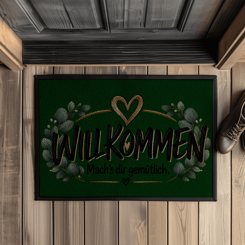 Fußmatte „Willkommen – Mach’s dir gemütlich“ mit Gummirand