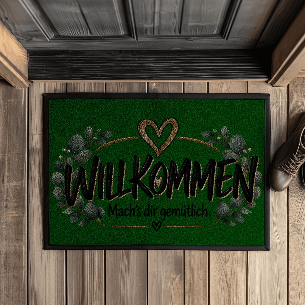 Fußmatte „Willkommen – Mach’s dir gemütlich“ mit Gummirand