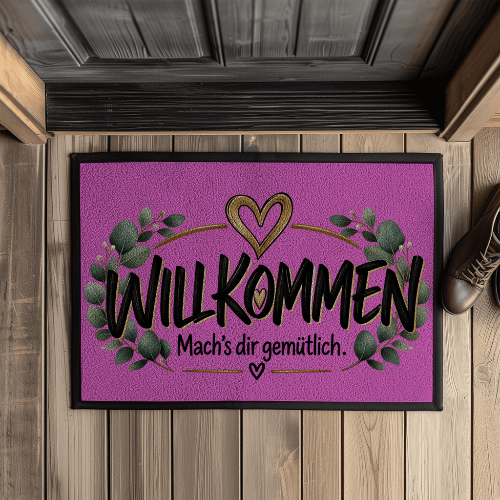 Fußmatte „Willkommen – Mach’s dir gemütlich“ mit Gummirand