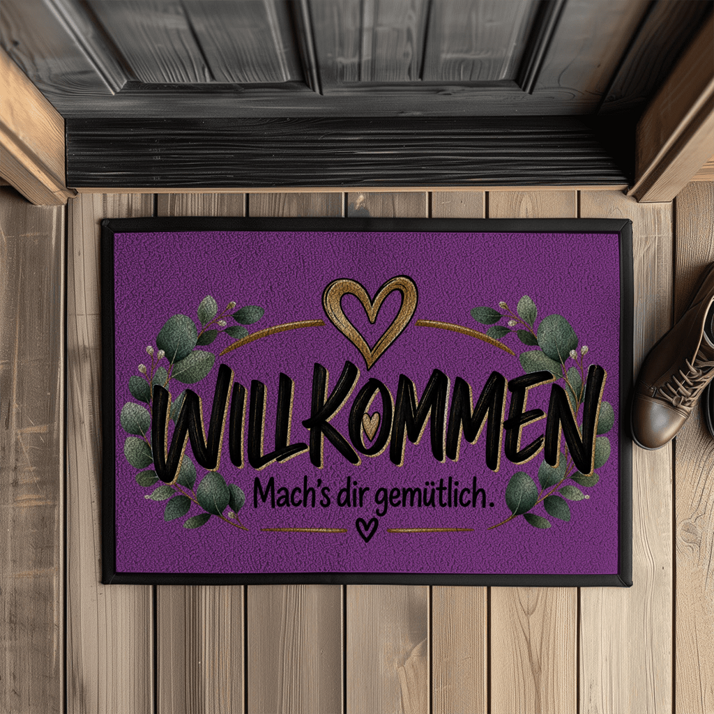 Fußmatte „Willkommen – Mach’s dir gemütlich“ mit Gummirand