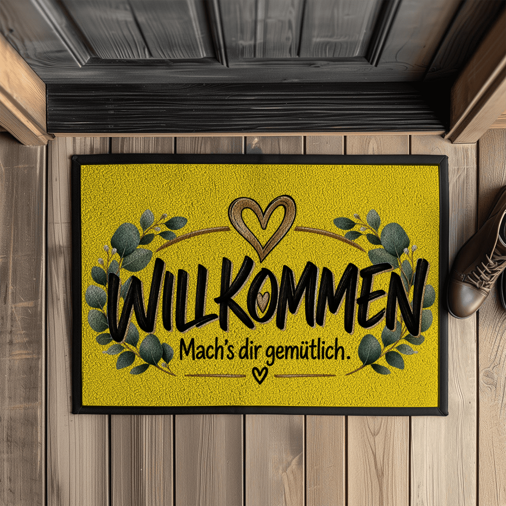 Fußmatte „Willkommen – Mach’s dir gemütlich“ mit Gummirand