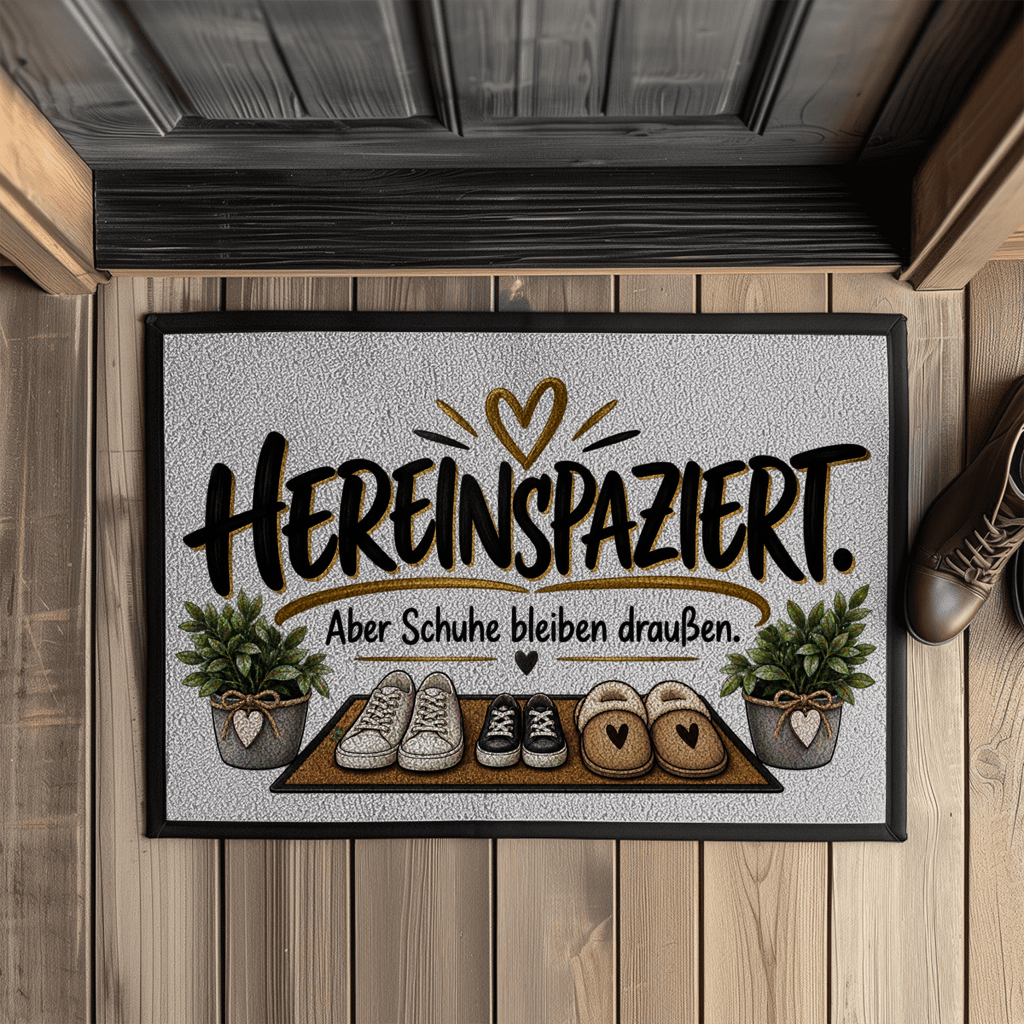 Fußmatte „Hereinspaziert – Aber Schuhe bleiben draußen“ mit Gummirand