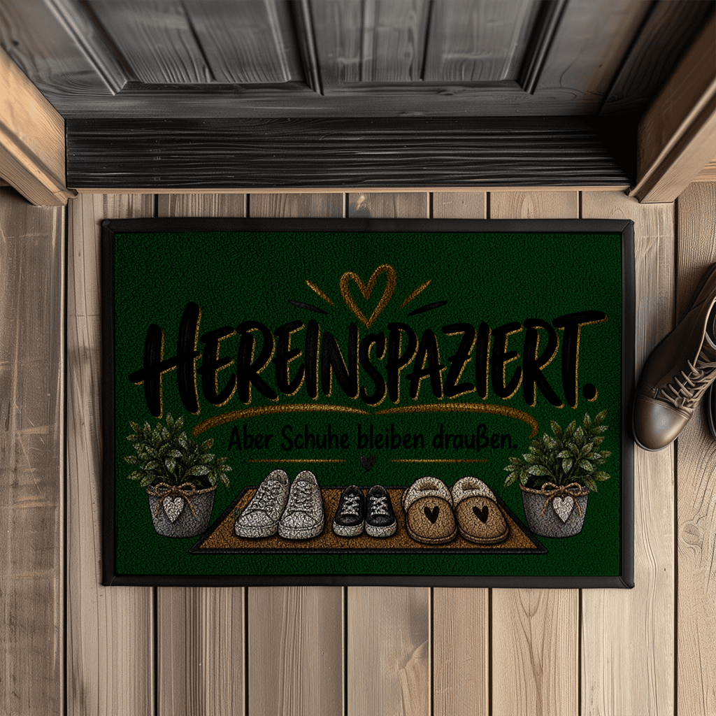 Fußmatte „Hereinspaziert – Aber Schuhe bleiben draußen“ mit Gummirand