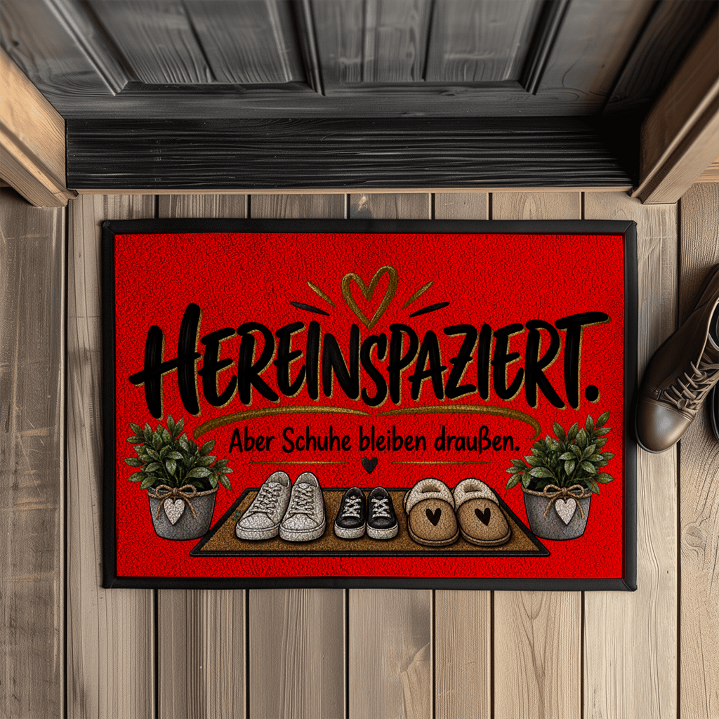 Fußmatte „Hereinspaziert – Aber Schuhe bleiben draußen“ mit Gummirand