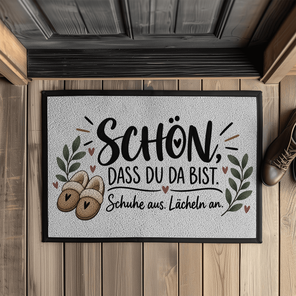 Fußmatte „Schön, dass du da bist – Schuhe aus. Lächeln an.“