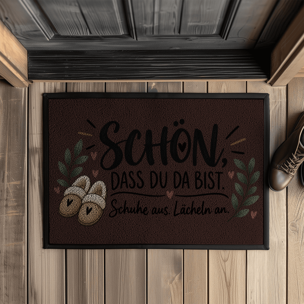 Fußmatte „Schön, dass du da bist – Schuhe aus. Lächeln an.“