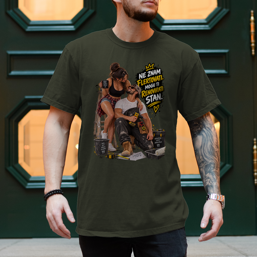 Herren T-Shirt Bauarbeiter – Ne znam flertovati, mogu ti renovirati stan