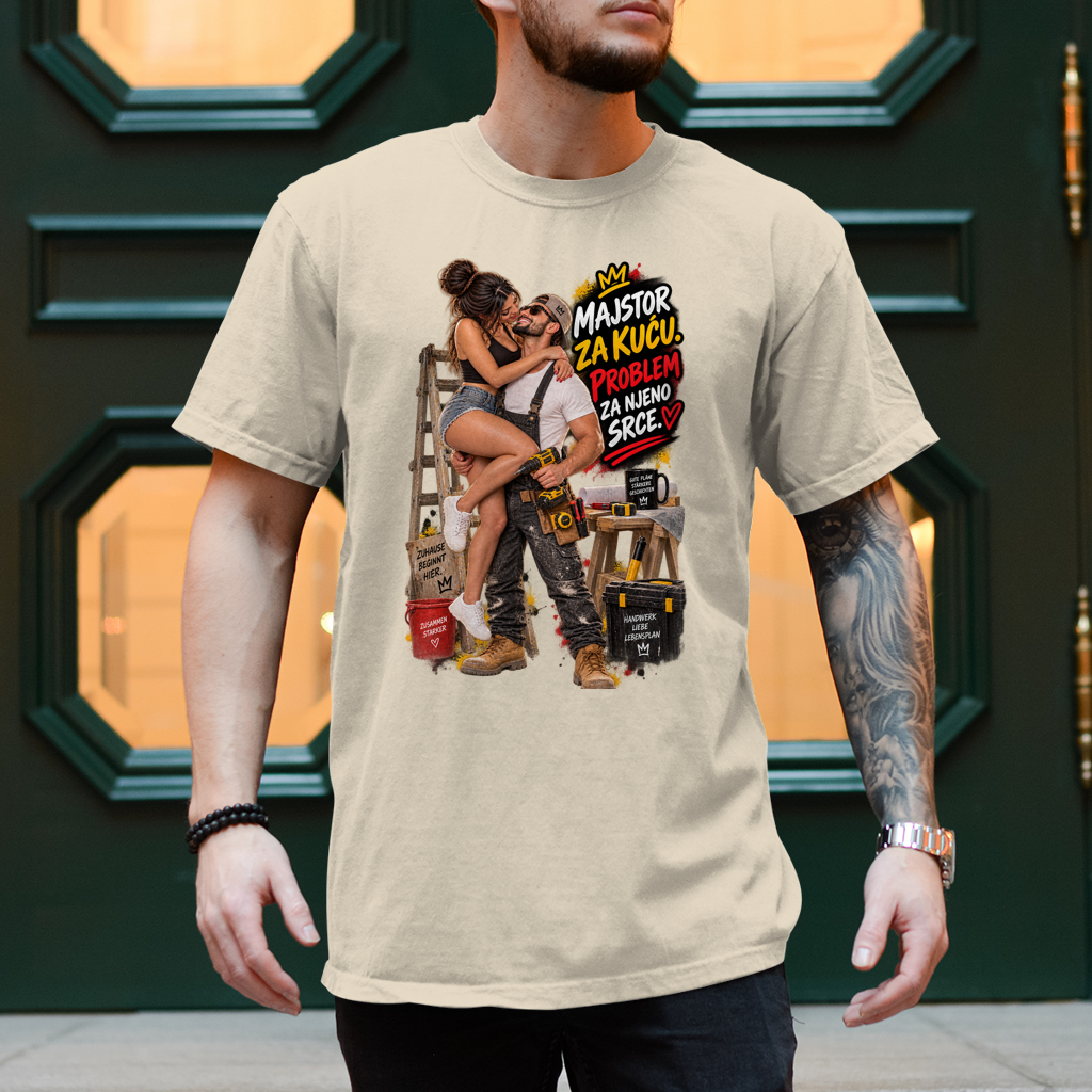 Herren T-Shirt Bauarbeiter – Majstor za kuću, problem za njeno srce