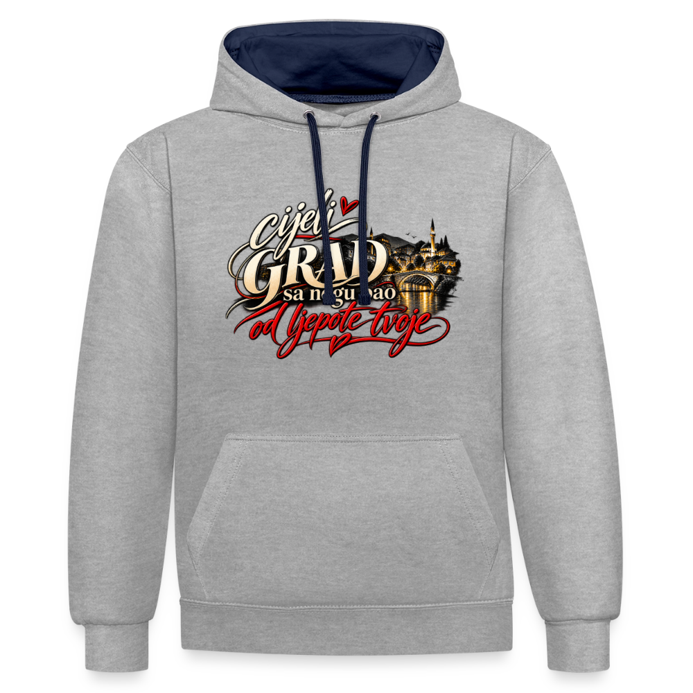 Kontrast-Hoodie - Cijeli grad sa nogu pao od ljepote tvoje - Grau meliert/Navy