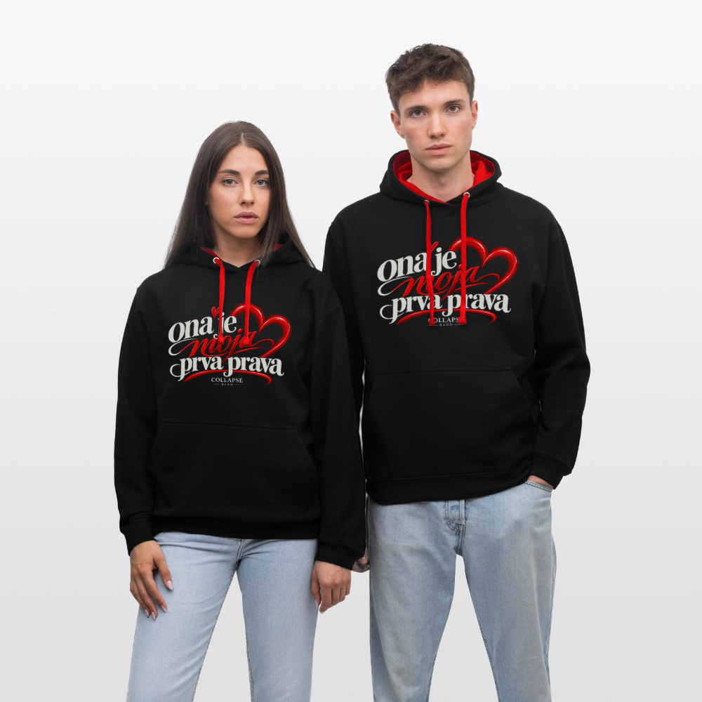 Kontrast-Hoodie - Ona je moja prva prava - Schwarz/Rot