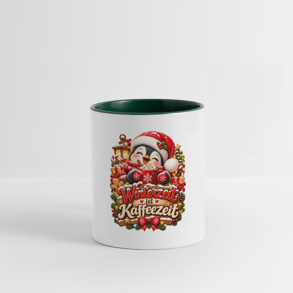 Wintertasse ❄️ Winterzeit ist Kaffeezeit – Süße Pinguin Kaffeetasse 325 ml - Weiß/Dunkelgrün