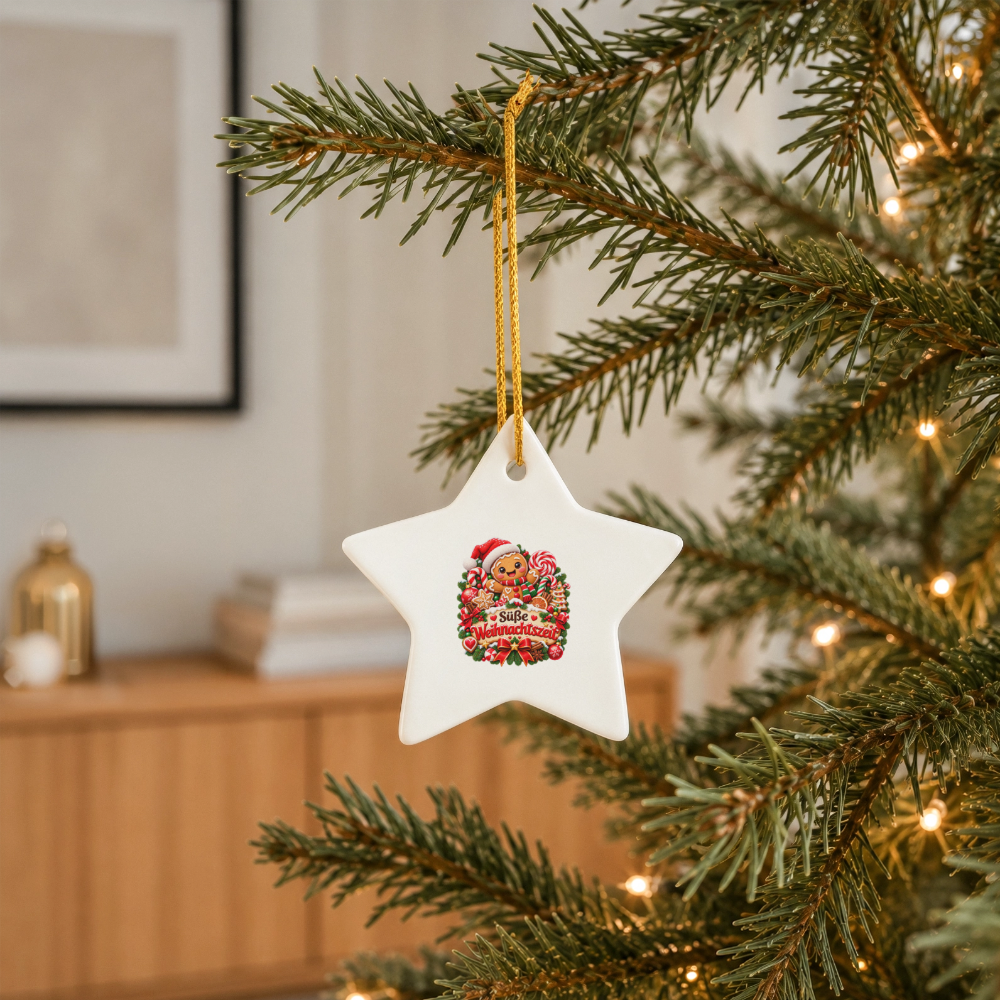 Keramik-Stern Weihnachtsanhänger – Süße Weihnachtszeit | Lebkuchen Motiv - Weiß