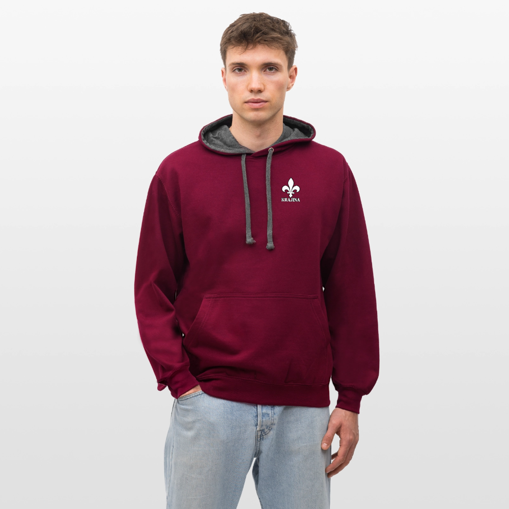 AWDis Just Hoods Kontrast-Hoodie Unisex – KRAJINA mit bosnischer Lilie | Brustprint - Weinrot/Anthrazit